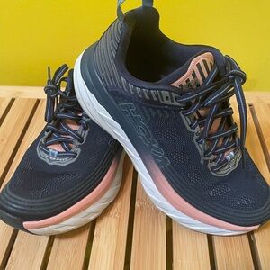 Hoka One One Bondi. Women's Navy and Coral Sneakers.  Size 6